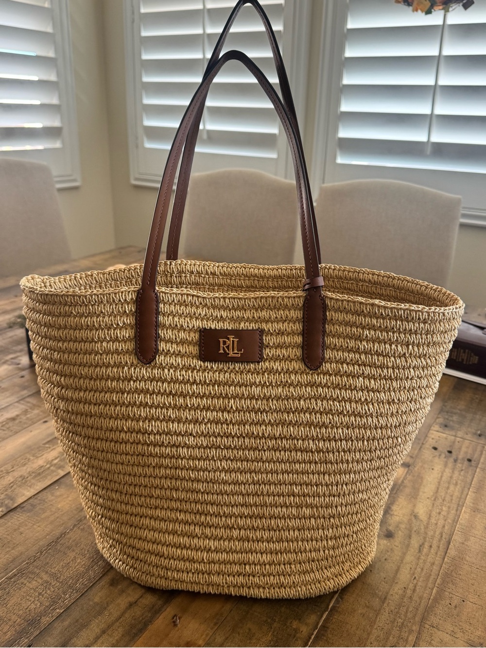Ralph Lauren Natural Straw Brie Tote Bag Brown Leather Handles and RL Plaque